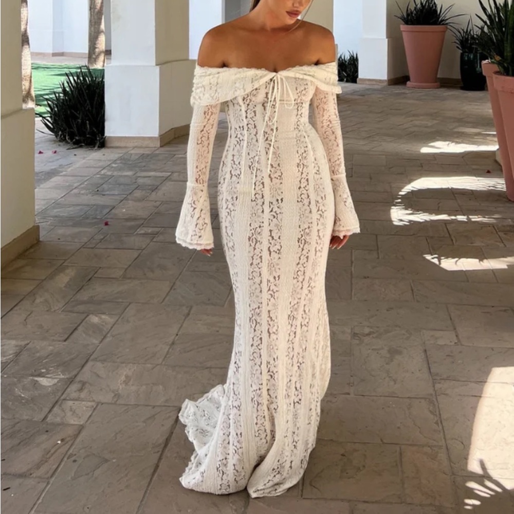 Lined Lace Maxi Dress - off the shoulder